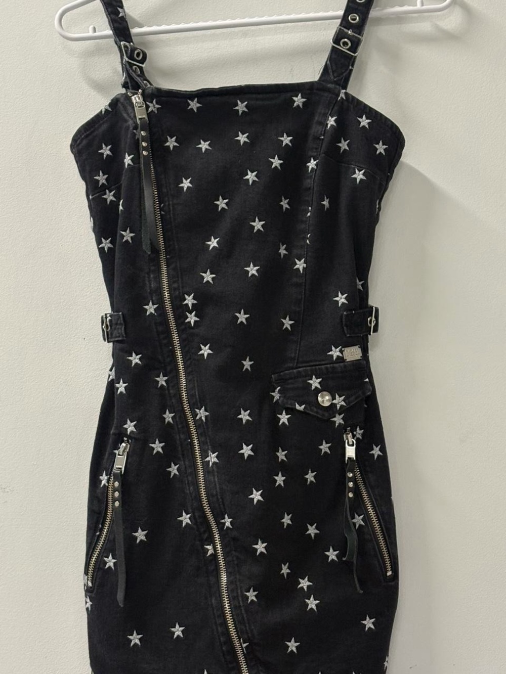 Black Star-Print denim Dress with Asymmetric Zip - Picture 2 of 8